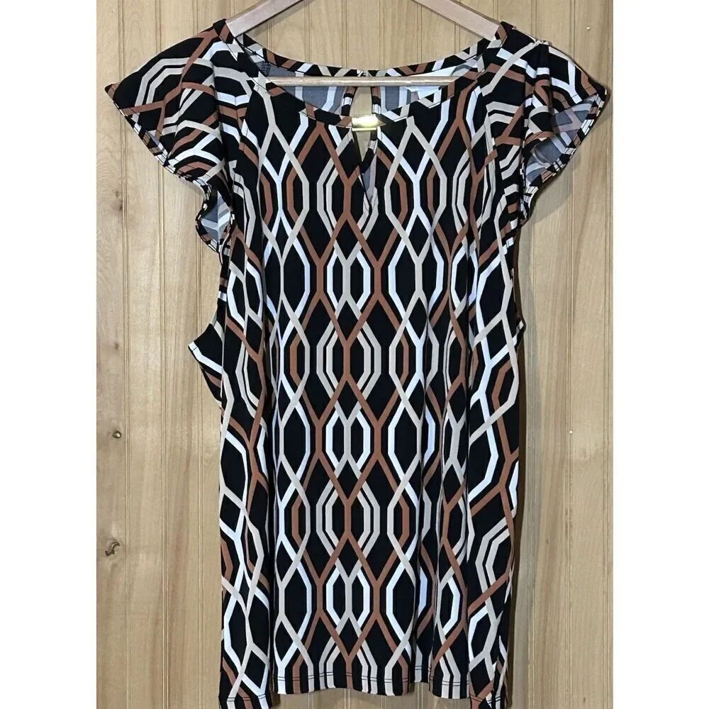Liz Claiborne Women's XL Geometric Pattern Blouse Flutter Sleeve Keyhole Neck